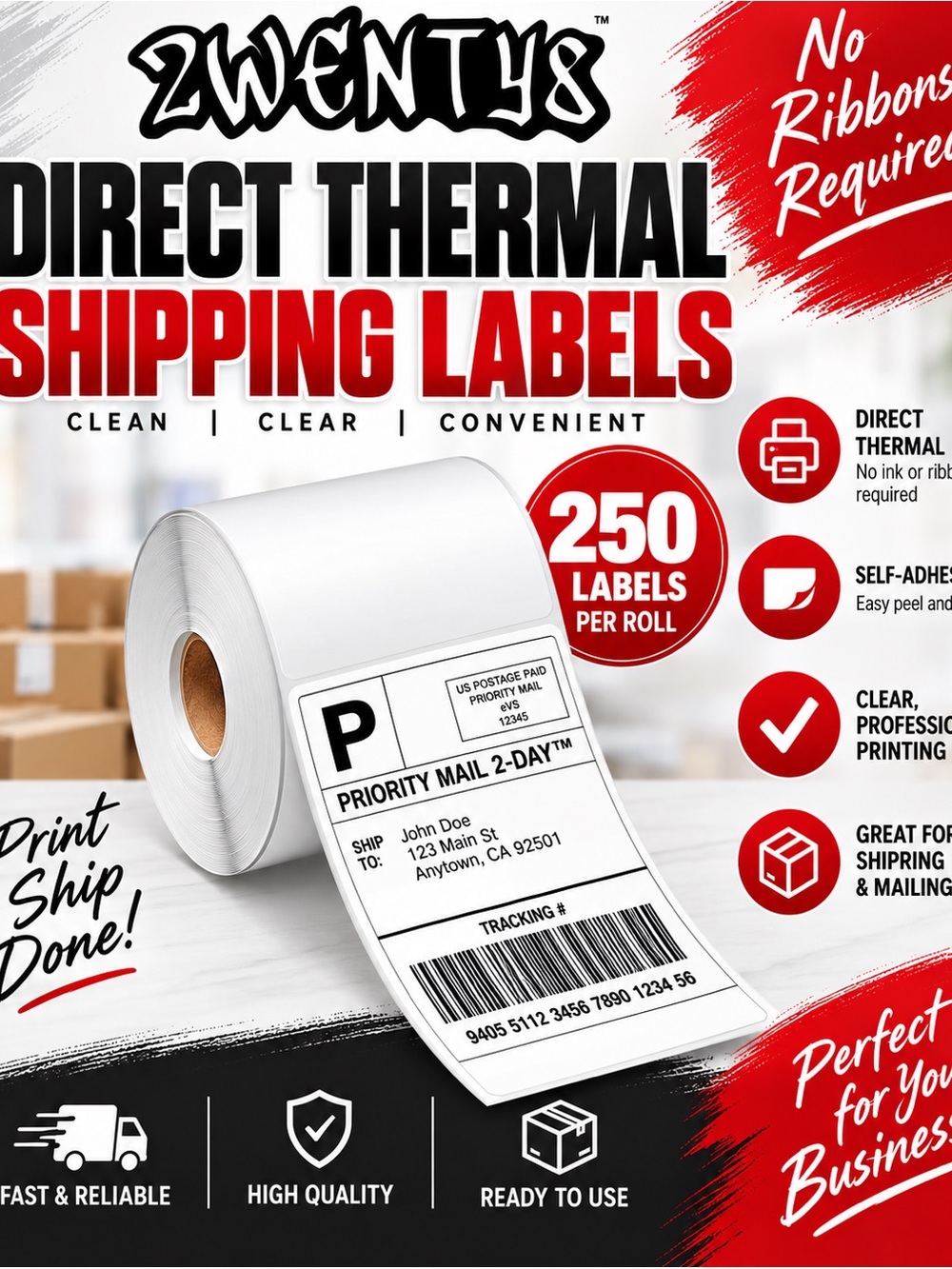 2 Rolls | Direct Thermal Shipping Labels | 4x6 250 Labels/Roll